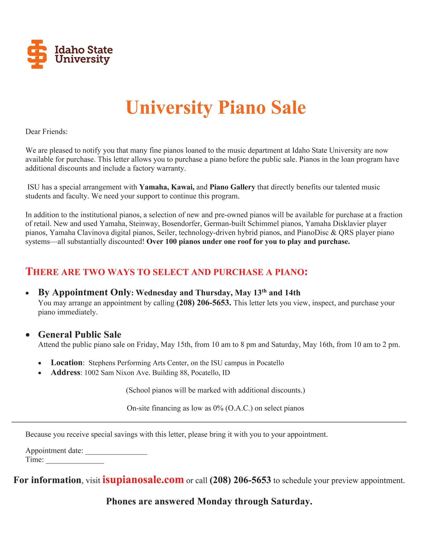 Official Idaho State University Piano Sale Letter from the ISU Music Department, announcing the May 13-16 piano sale at Stephens Performing Arts Center on the ISU campus in Pocatello.